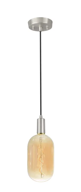 # 79007-11, One-Light Hanging Socket Pendant Fixture in Satin Nickel Finish with T135 Vintage Edison Decorative LED Amber Light Bulb