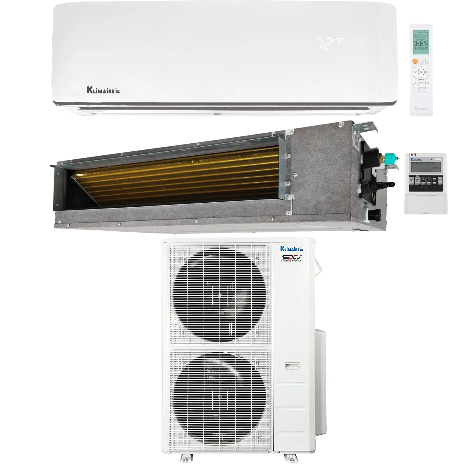 2-Zone Klimaire 20.8 SEER2 Multi Split Wall Mount Ducted Air Conditioner Heat Pump System 12 24