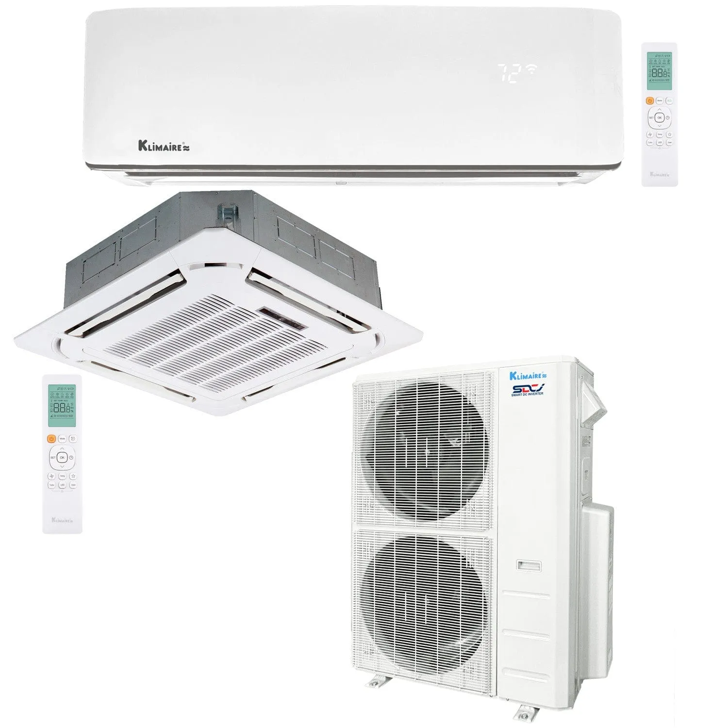 2-Zone Klimaire 21.1 SEER2 Multi Split Wall Mount Ceiling Cassette Air Conditioner Heat Pump System 12 24