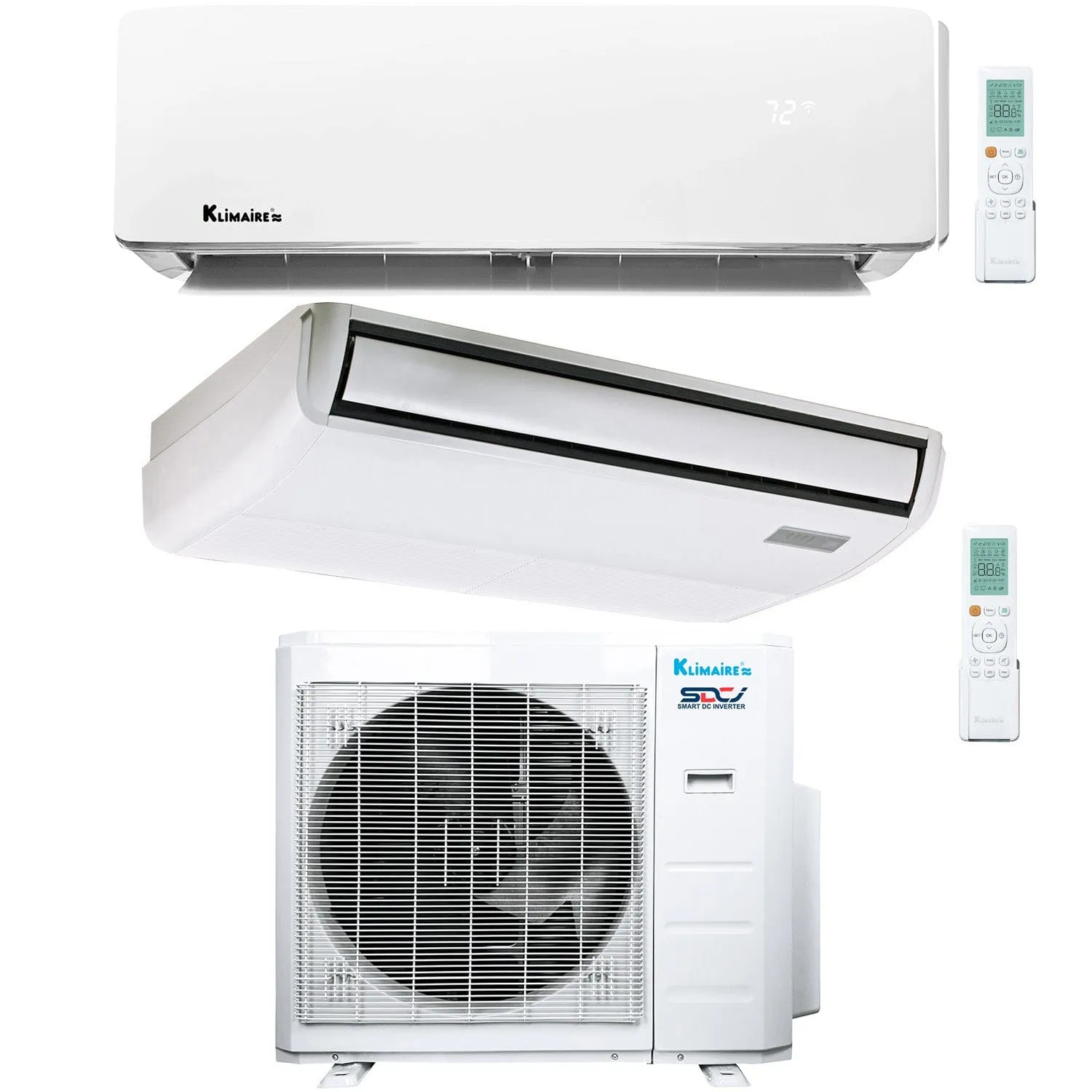2-Zone Klimaire 23.5 SEER2 Multi Split Wall Mount Floor-ceiling Air Conditioner Heat Pump System 12 18