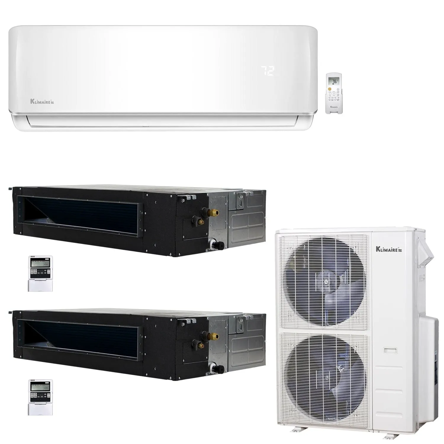 3-Zone Klimaire 20.8 SEER2 Multi Split Ducted Recessed Wall Mount Air Conditoner Heat Pump System 12 18 24