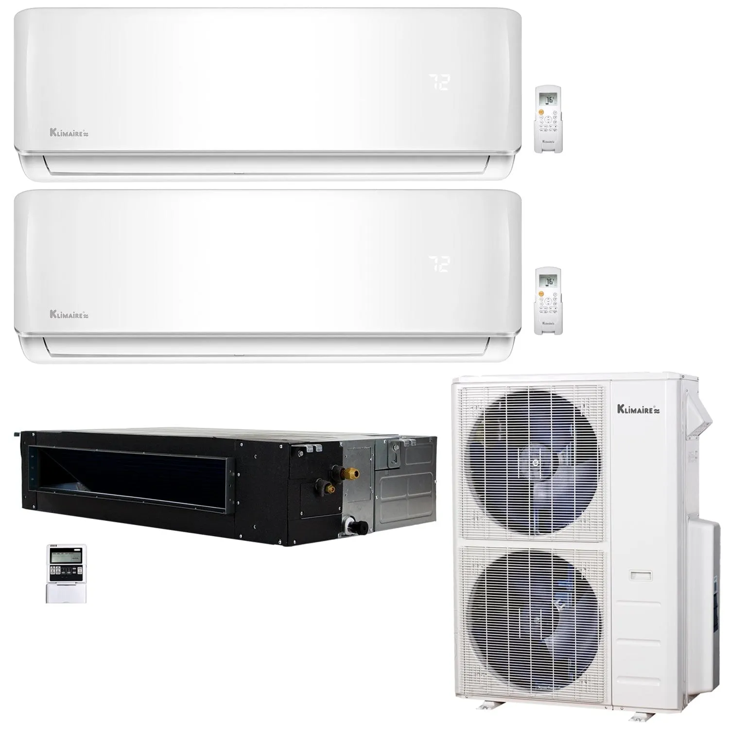 3-Zone Klimaire 20.8 SEER2 Multi Split Wall Mount Ducted Recessed Air Conditioner Heat Pump System 12 18 24