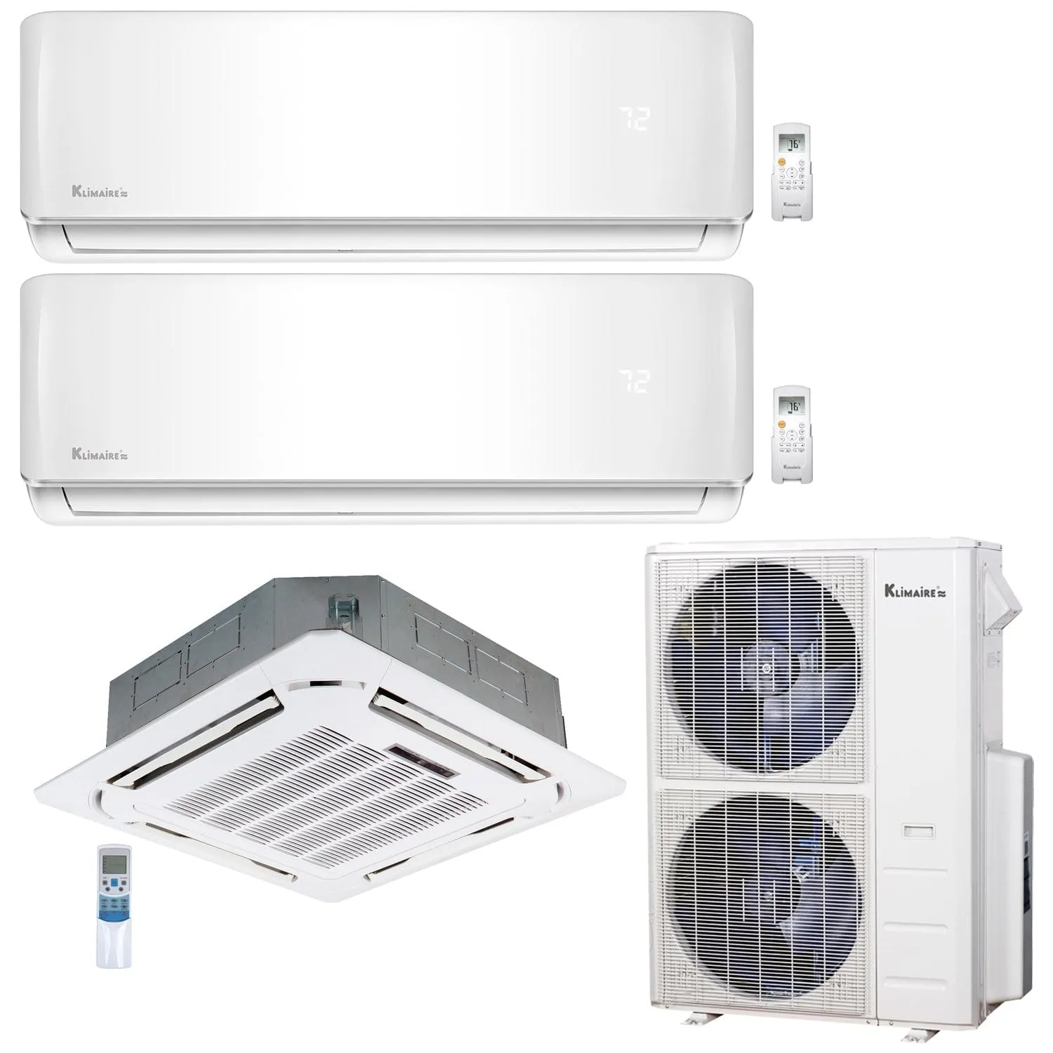 3-Zone Klimaire 21.1 SEER2 Multi Split Wall Mount Ceiling Cassette Air Conditioner Heat Pump System 12 18 24