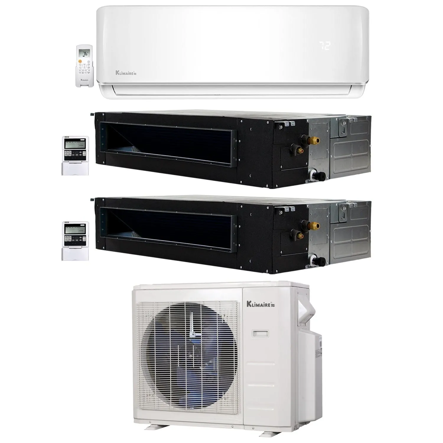 3-Zone Klimaire 21.55 SEER2 Multi Split Wall Mount Ducted Recessed Air Conditoner Heat Pump System 12 12 18