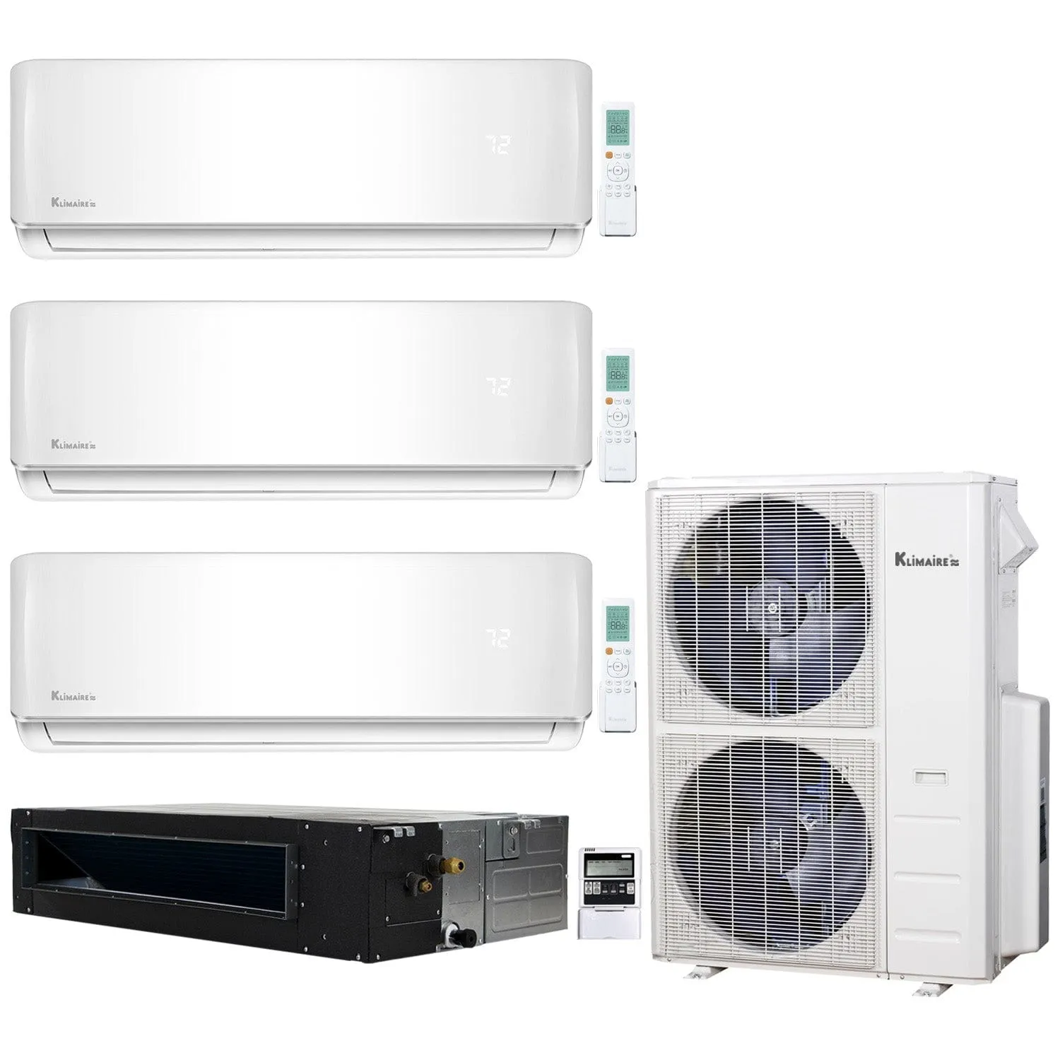 4-Zone Klimaire 20.8 SEER2 Multi Split Wall Mount Ducted Recesssed Air Conditioner Heat Pump System 12 12 12 24