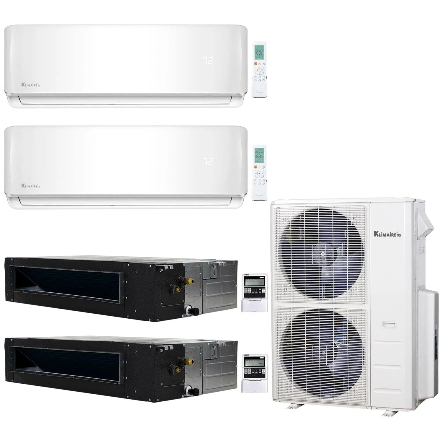 4-Zone Klimaire 20.8 SEER2 Multi Split Wall Mount Ducted Recesssed Air Conditioner Heat Pump System 12 12 18 18