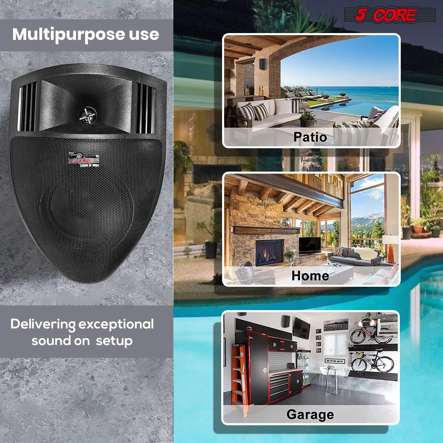 5 CORE Outdoor Speaker Wired Waterproof System Wall Mounted Indoor Outside Patio Backyard Surround Sound Home Exterior Corner - CORNER