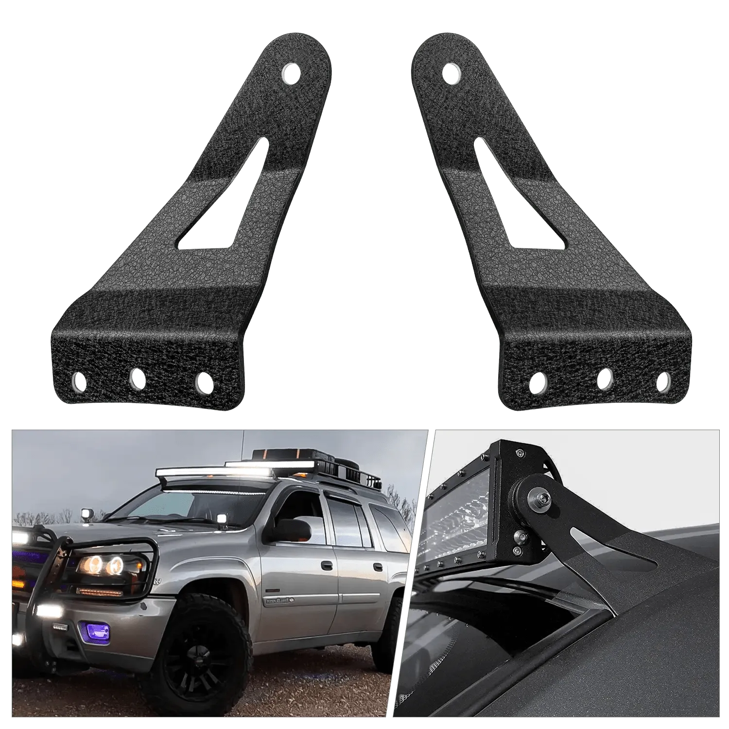 54 Inch Curved Light Bar Bracket at Upper Windshield Roof Cab for 1999-2006 Chevy Silverado Suburban Avalanche Tahoe & GMC Yukon Sierra (Pair)