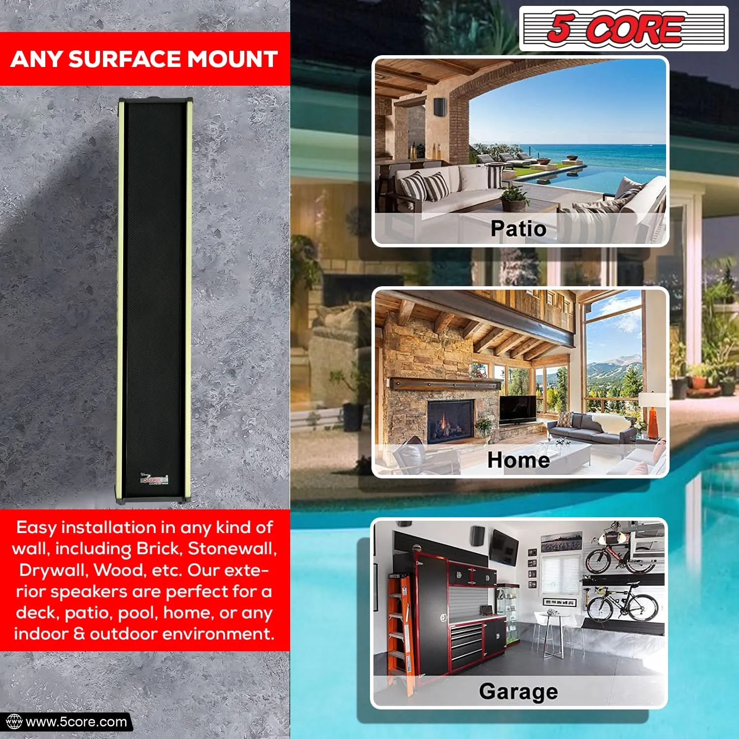 5Core Outdoor Speakers Stereo In Wall 300W Peak Passive Home Audio System