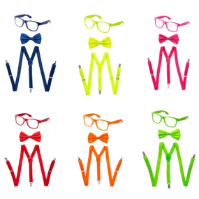 Adults/Teens Neon Suspender, Bowtie, & Glasses Accessory Set
