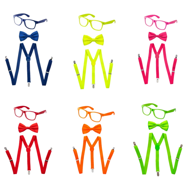 Adults/Teens Neon Suspender, Bowtie, & Glasses Accessory Set