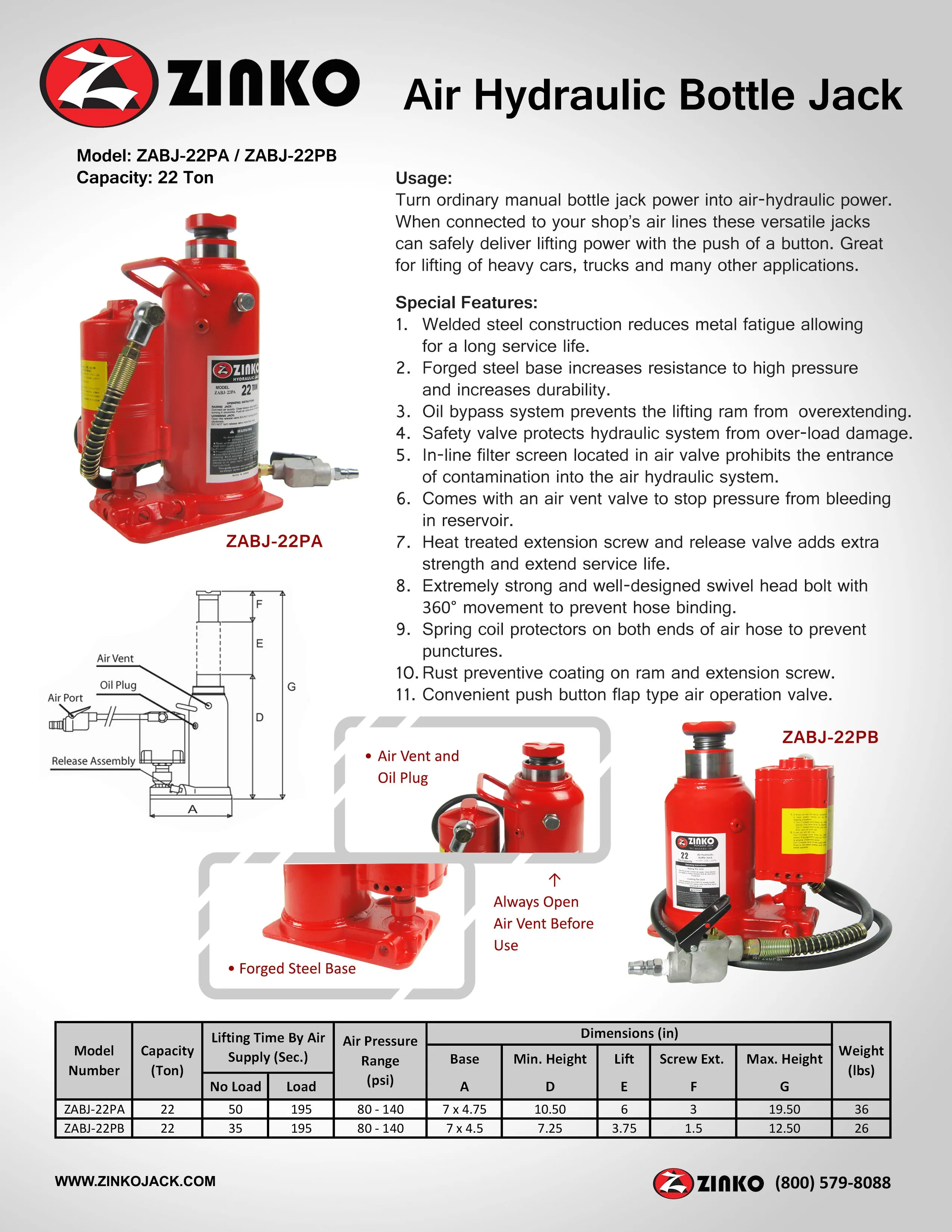 AIR HYDRAULIC BOTTLE JACK 22 TON MODEL: ZABJ-22PA