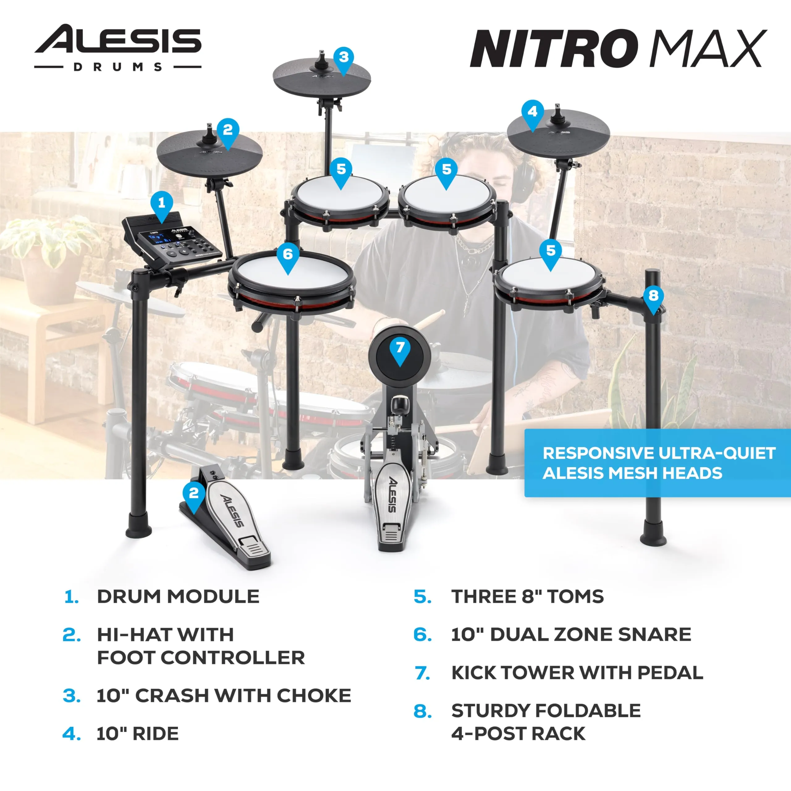 Alesis Nitro Max Kit and Strike Amp 8 MK2 - Electric Drum Set with and 8-inch 2000W Drum Amp Speaker, with Bluetooth