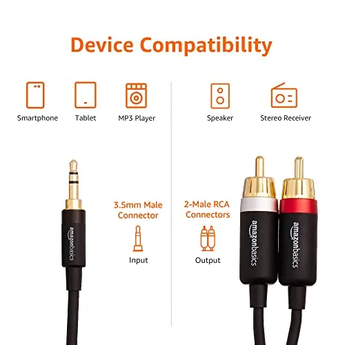 Amazon Basics 3.5 Aux to 2 x RCA Adapters, Audio Cable for Amplifiers, Active Speakers with Gold-Plated Plugs, 4 Feet/1.2 m, Black