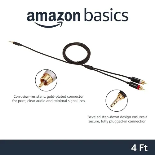 Amazon Basics 3.5 Aux to 2 x RCA Adapters, Audio Cable for Amplifiers, Active Speakers with Gold-Plated Plugs, 4 Feet/1.2 m, Black