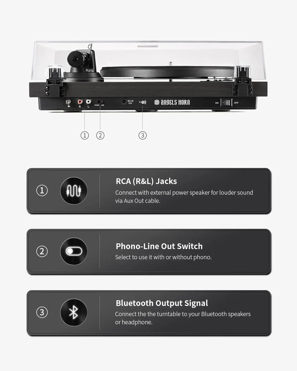 Angels Horn H002BT-BK Exceptional Quality Vintage Wooden Bluetooth Turntable Vinyl Player
