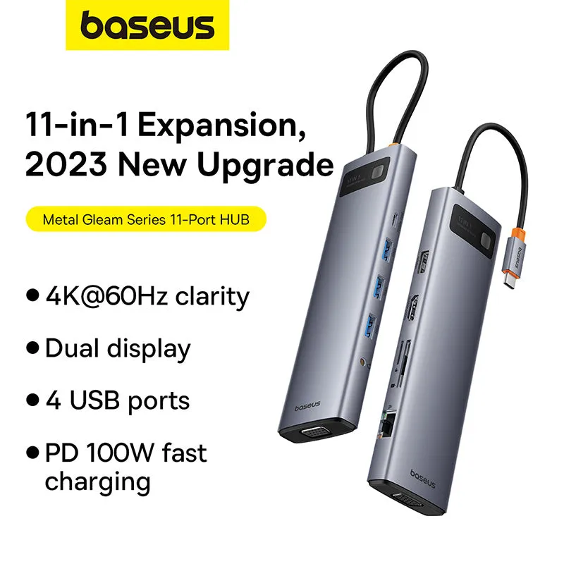 Baseus Metal Gleam Series 11-Port Hub USB-C to HDMI 4K@60Hz   VGA   3xUSB 3.0   USB 2.0   USB-C PD   RJ45   SD/TF   3.5mm (Space Grey) (B00030709811-00)