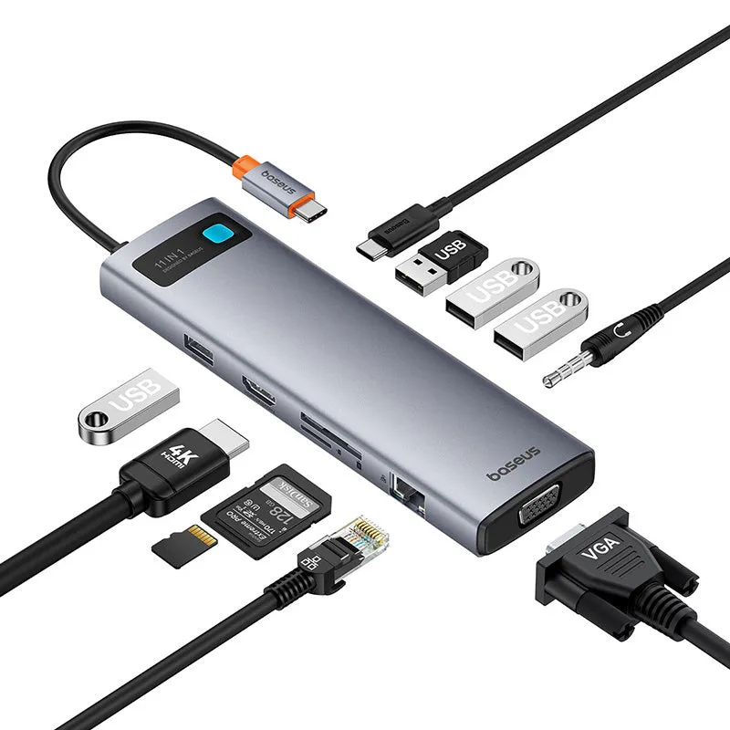 Baseus Metal Gleam Series 11-Port Hub USB-C to HDMI 4K@60Hz   VGA   3xUSB 3.0   USB 2.0   USB-C PD   RJ45   SD/TF   3.5mm (Space Grey) (B00030709811-00)