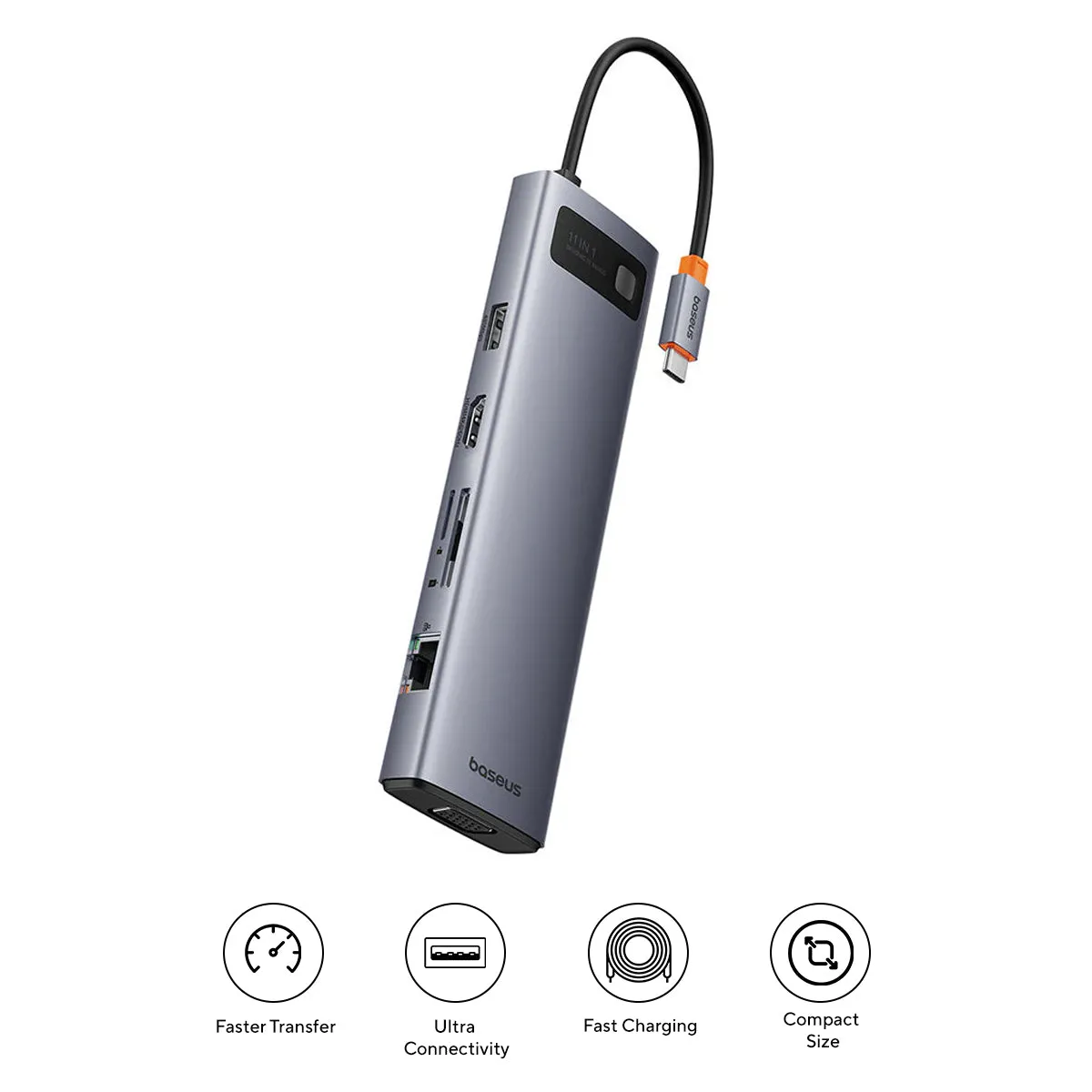 Baseus Metal Gleam Series 11-Port Hub USB-C to HDMI 4K@60Hz   VGA   3xUSB 3.0   USB 2.0   USB-C PD   RJ45   SD/TF   3.5mm (Space Grey) (B00030709811-00)