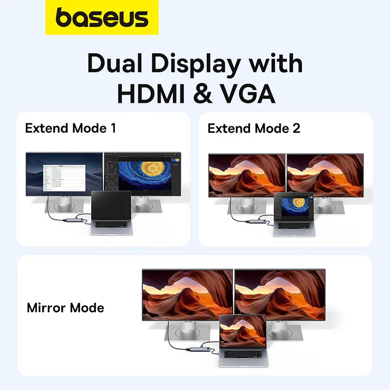 Baseus Metal Gleam Series 11-Port Hub USB-C to HDMI 4K@60Hz   VGA   3xUSB 3.0   USB 2.0   USB-C PD   RJ45   SD/TF   3.5mm (Space Grey) (B00030709811-00)