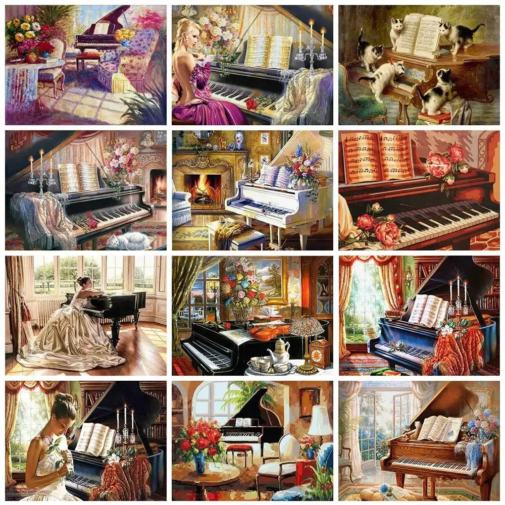 Black Baby Grand Piano - Musical Diamond Painting, Full Round/Square 5D Diamonds, Classical Scene