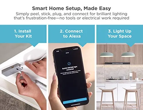 BLACK DECKER Compatible with Alexa Smart LED Under Cabinet Lighting Kit, Motion Sensor, Dimmable & 108" Jumper Wire Accessory for Under Cabinet Lighting Kits