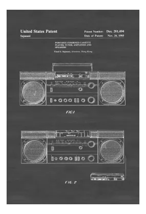 Boom Box Patent Print Poster- Wall Décor, Music Poster, Studio Décor, Music Decor, Music Buff, Vintage Cassette Player Patent, Tape Player