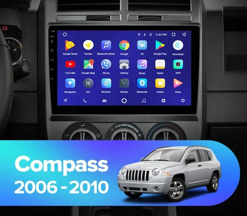 Car Dealz 10.2" Android 10.0 Jeep Compass MK 2006-2010 In Dash Plus OEM Fascia