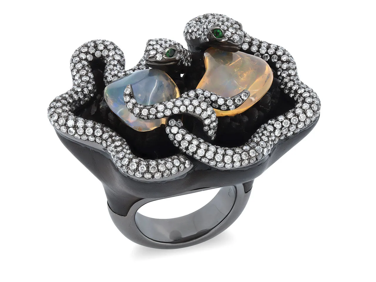 Dramatic Ebony Snake Ring with Mexican Opals and Diamonds in 18K