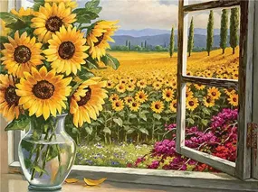 Golden Sunflower Field, Floral Diamond Painting Kit, Full Round/Square 5D Diamonds
