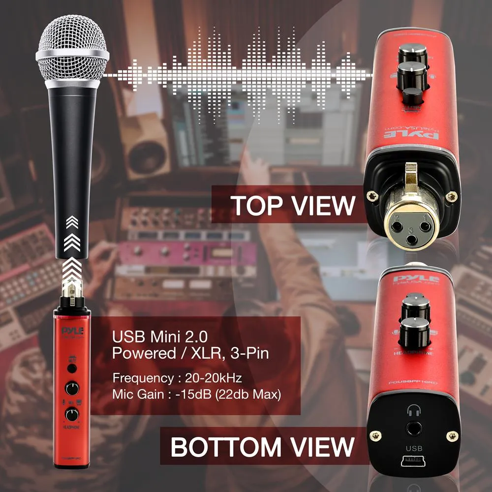 Microphone Xlr-To-Usb Adaptor - Usb Mic Interface With Volume Control, Easy Usb Plug-And-Play, Red ( 48V Phantom Power)