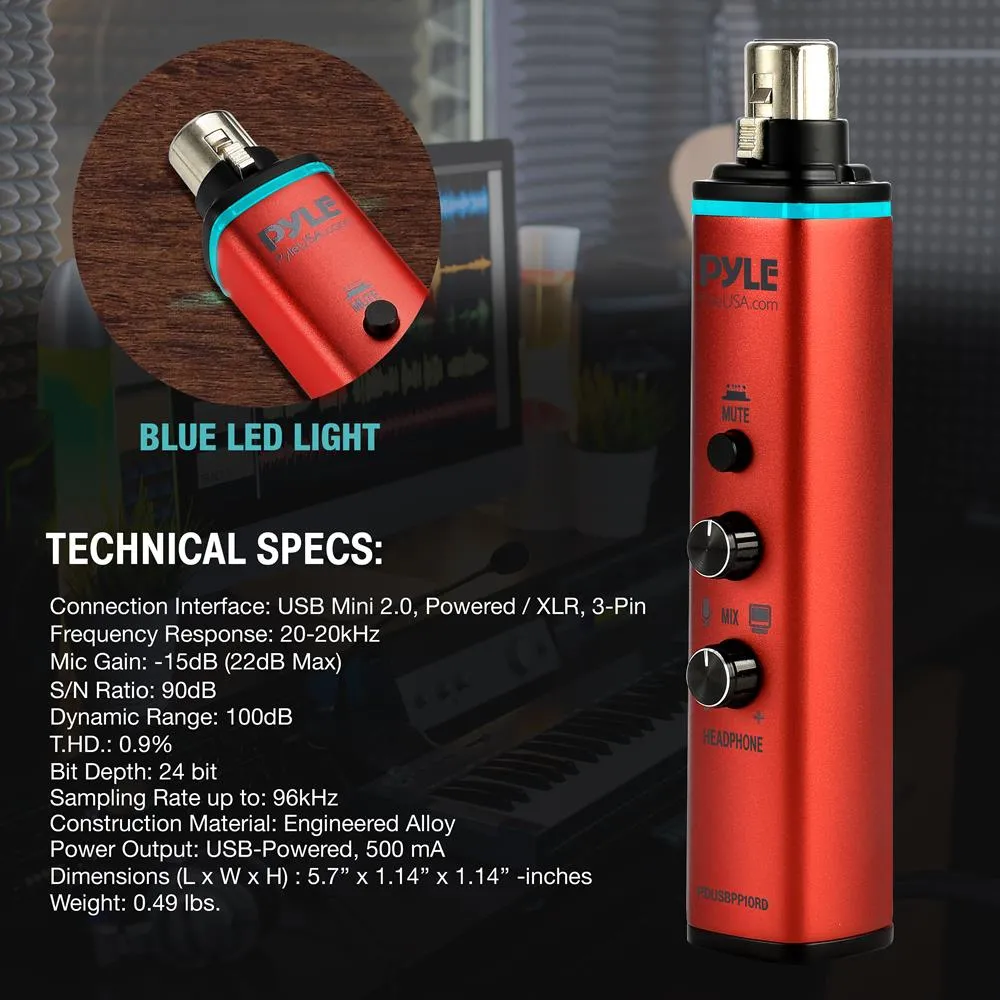 Microphone Xlr-To-Usb Adaptor - Usb Mic Interface With Volume Control, Easy Usb Plug-And-Play, Red ( 48V Phantom Power)