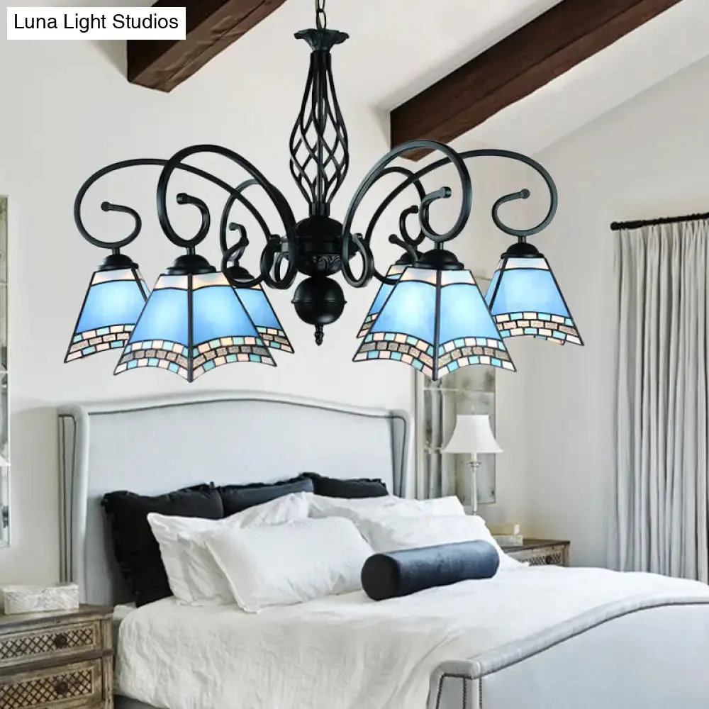Nautical 6-Light Blue Glass Pyramid Ceiling Hanging Fixture for Living Room