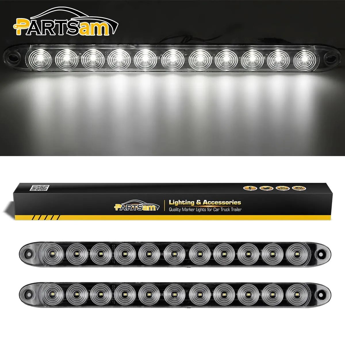Partsam 2Pcs 15 Inch White Led Trailer Reverse Backup Light Bars Clear Lens, Sealed 11 LED Flange Mount Trailer Truck 15" Inch Reverse White Light Bar Utility Marker Light Bar RV Front Access Light