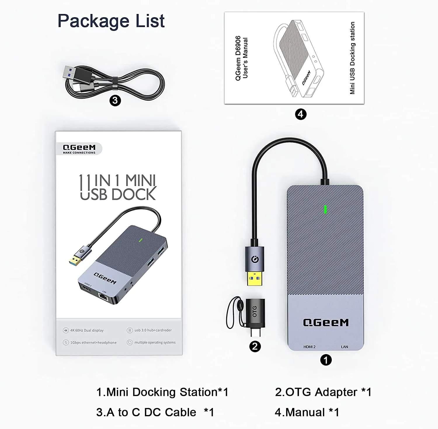 QGeeM 11-in-1 USB C/3.0 Docking station with DP-Dual 4K
