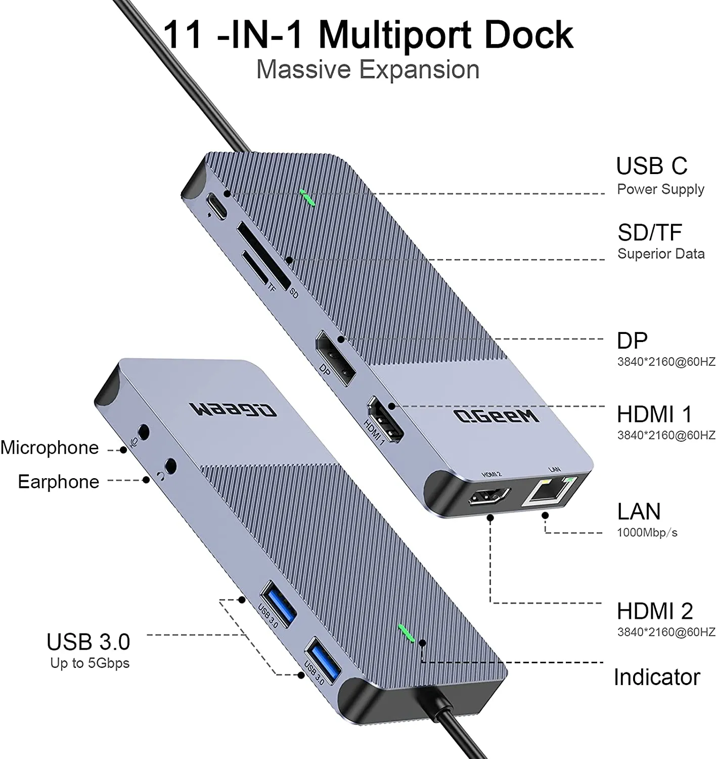 QGeeM 11-in-1 USB C/3.0 Docking station with DP-Dual 4K