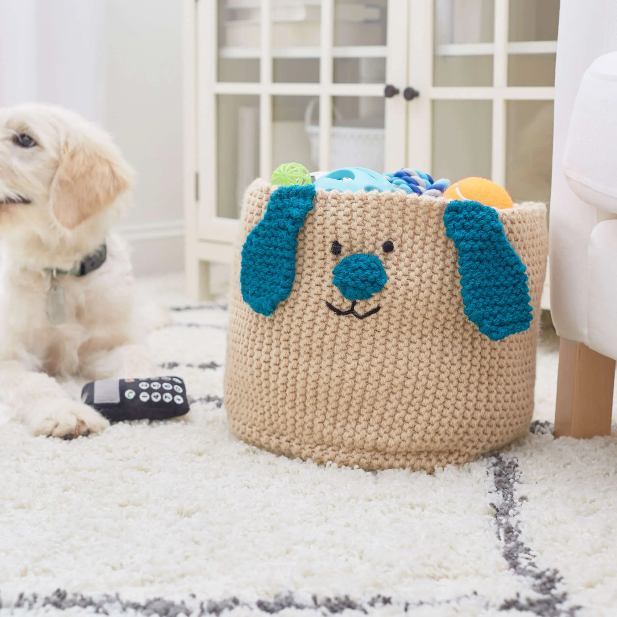 Red Heart Knit Puppy Toy Basket