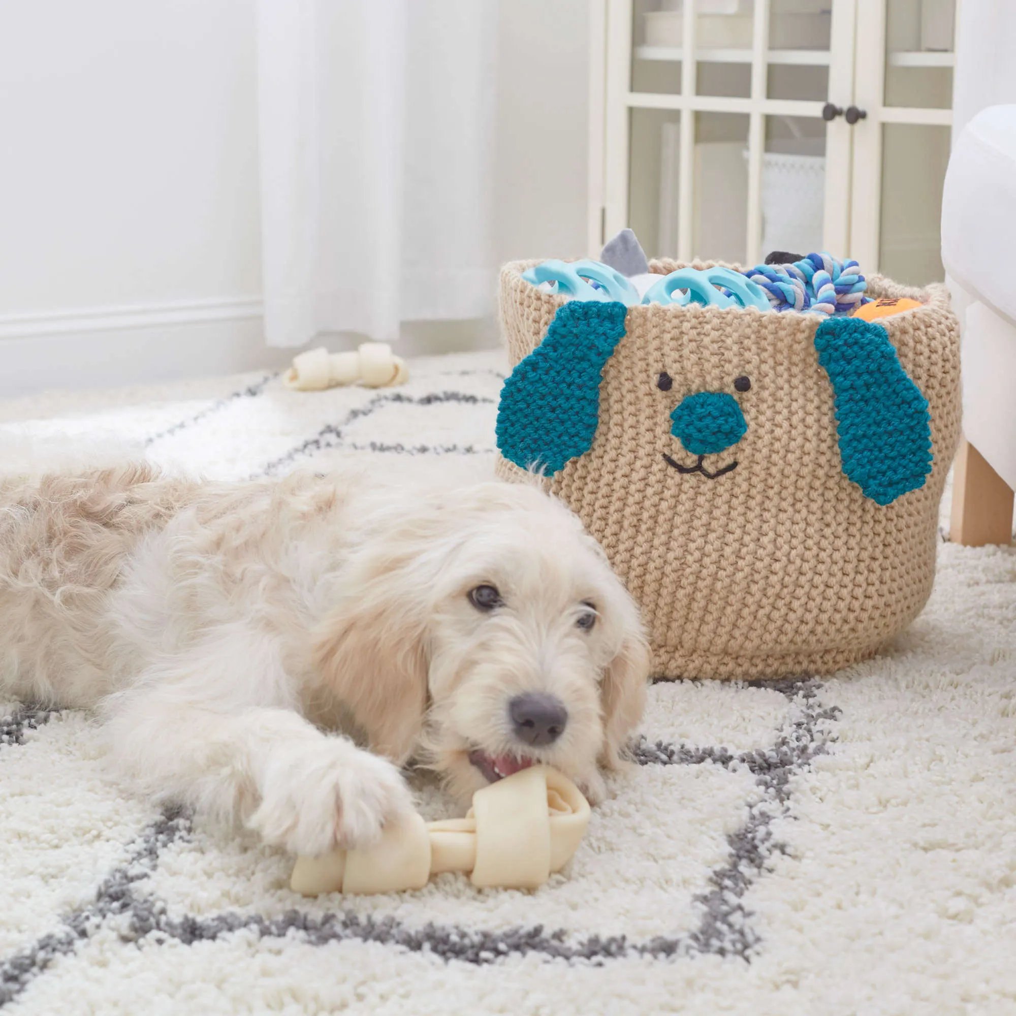 Red Heart Knit Puppy Toy Basket