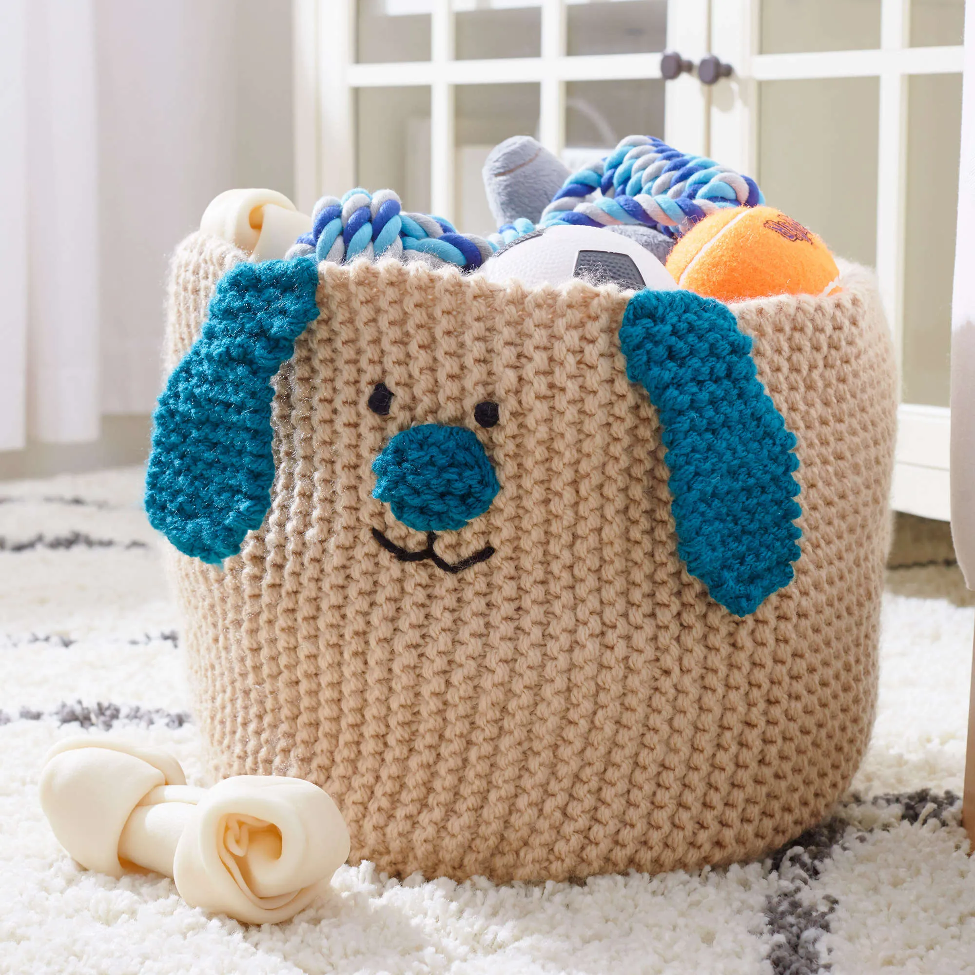 Red Heart Knit Puppy Toy Basket