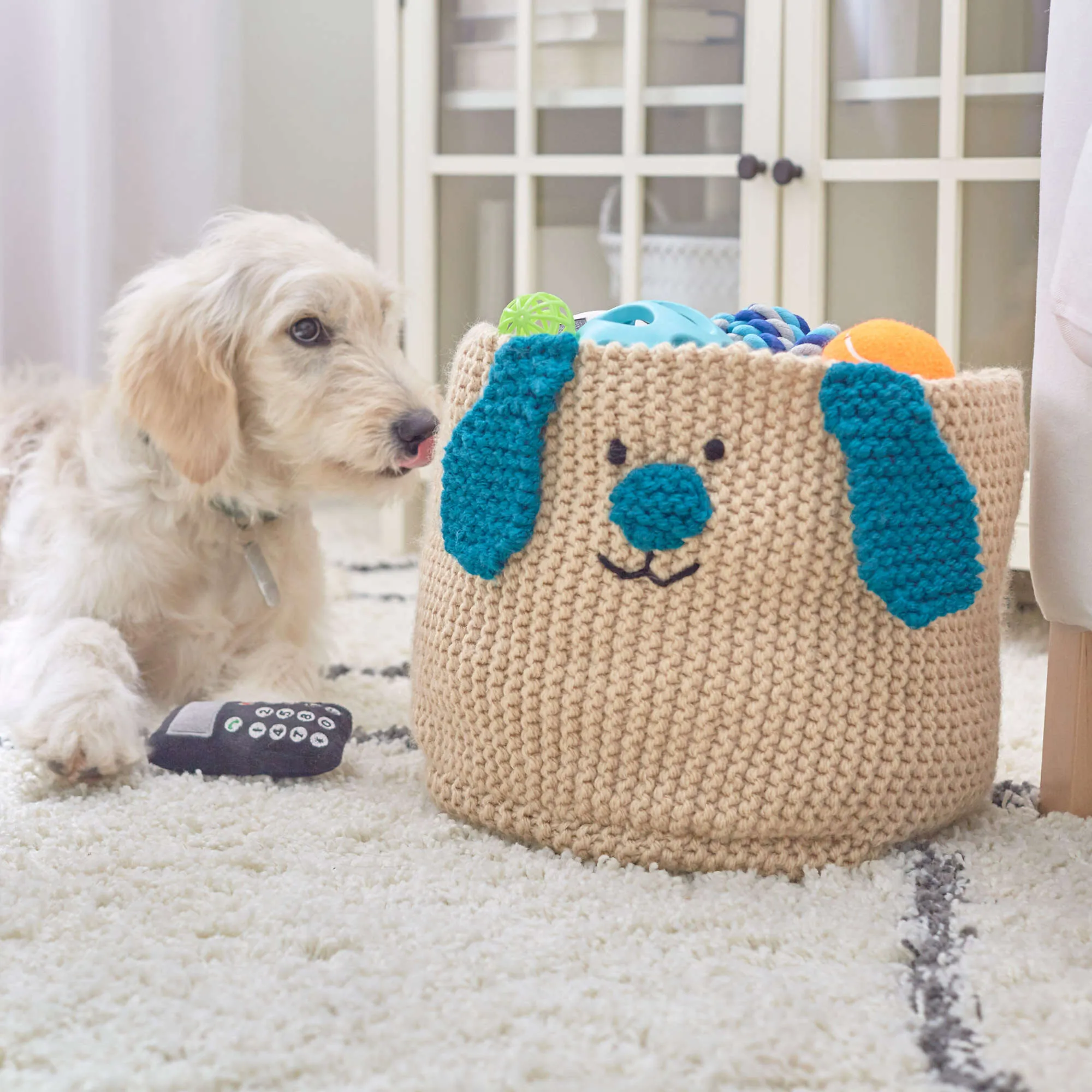Red Heart Knit Puppy Toy Basket