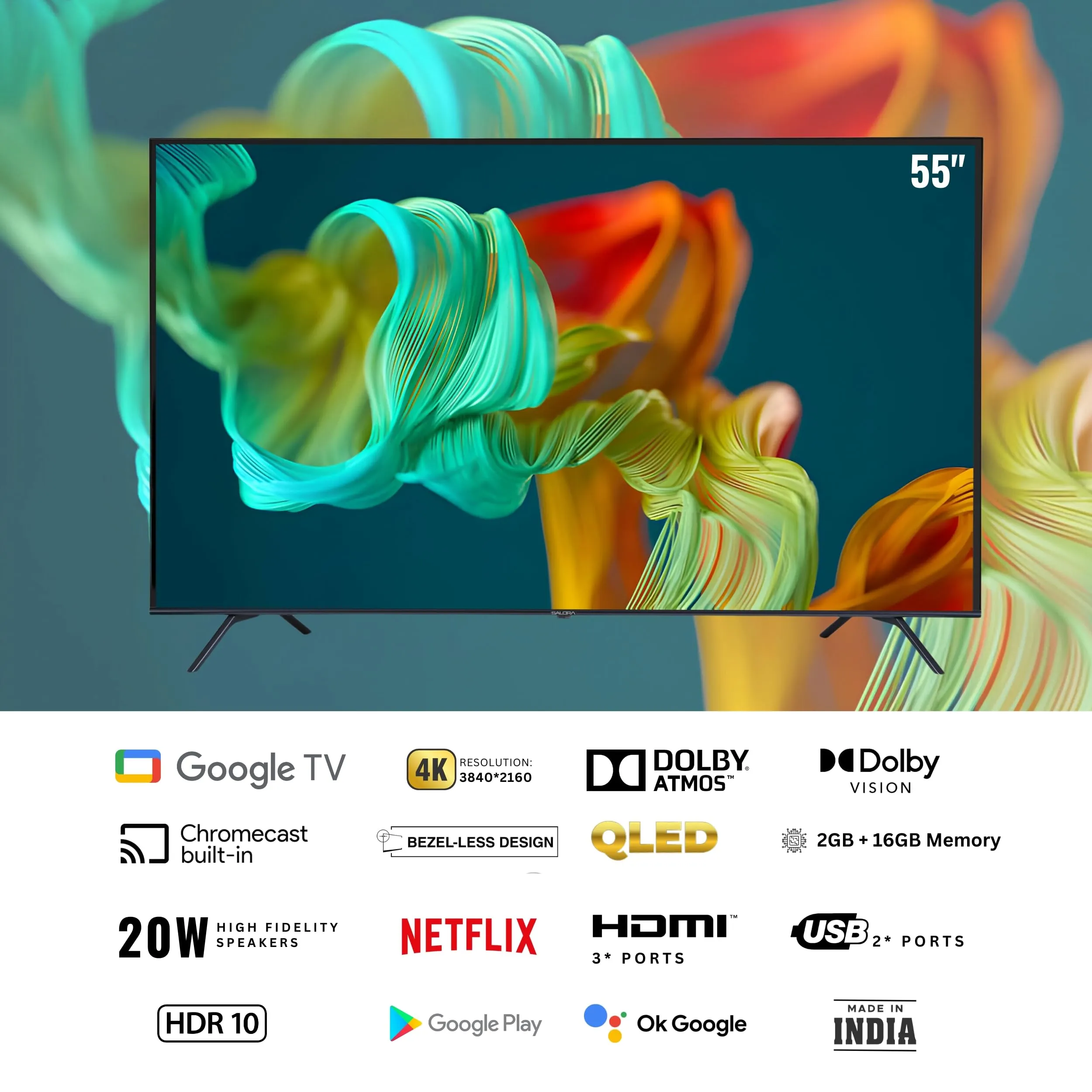 Salora 139 cm (55 inches) QLED 4K Ultra HD Smart Google TV | SLV-3555 QGTV (Black) | 4K Display, Powerful 20W Dolby Audio, Google Assistant & Voice Control Remote