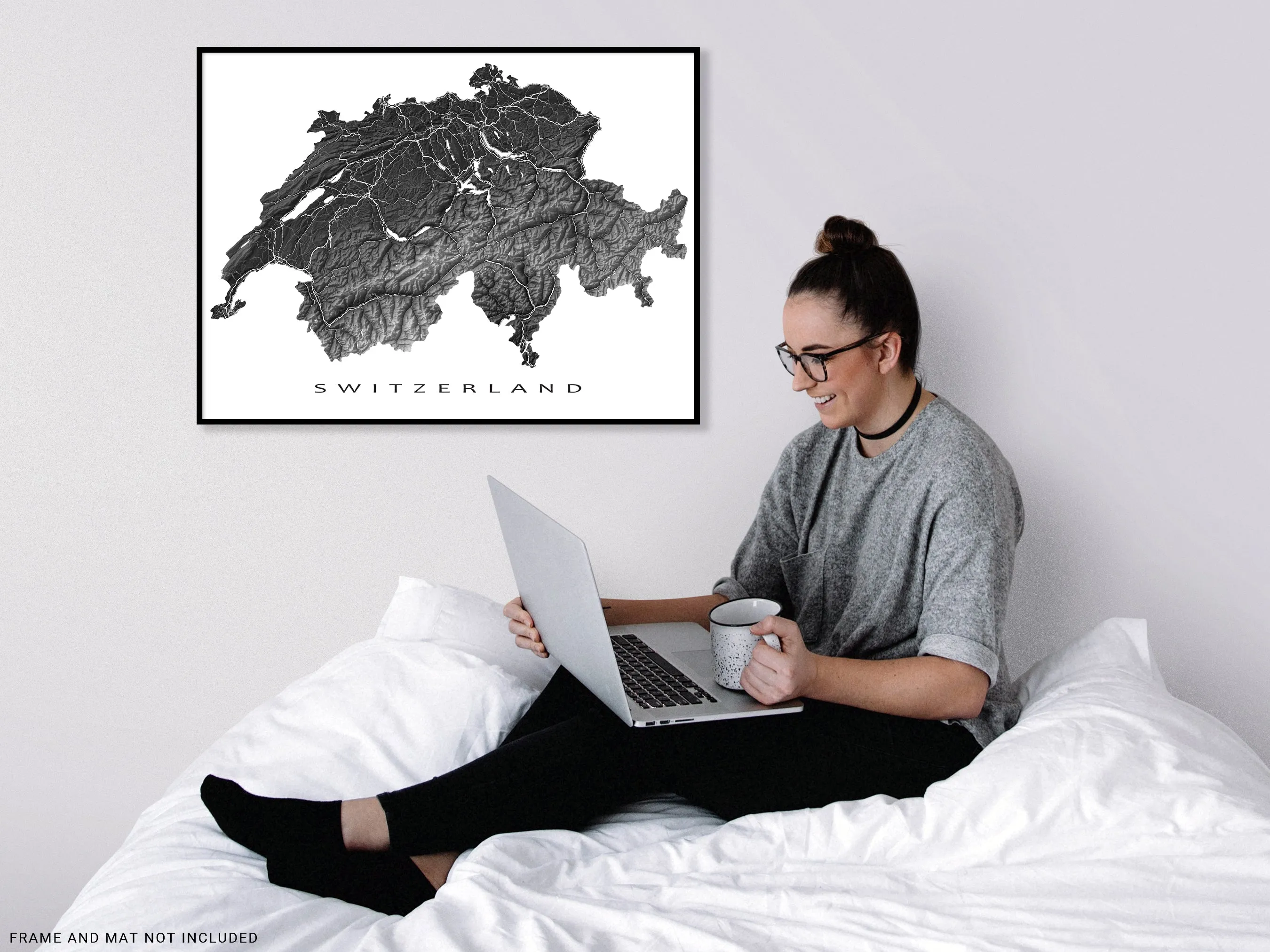 Switzerland Map Wall Art Print Poster, Topographic Swiss Country Road Maps, Zurich Geneva