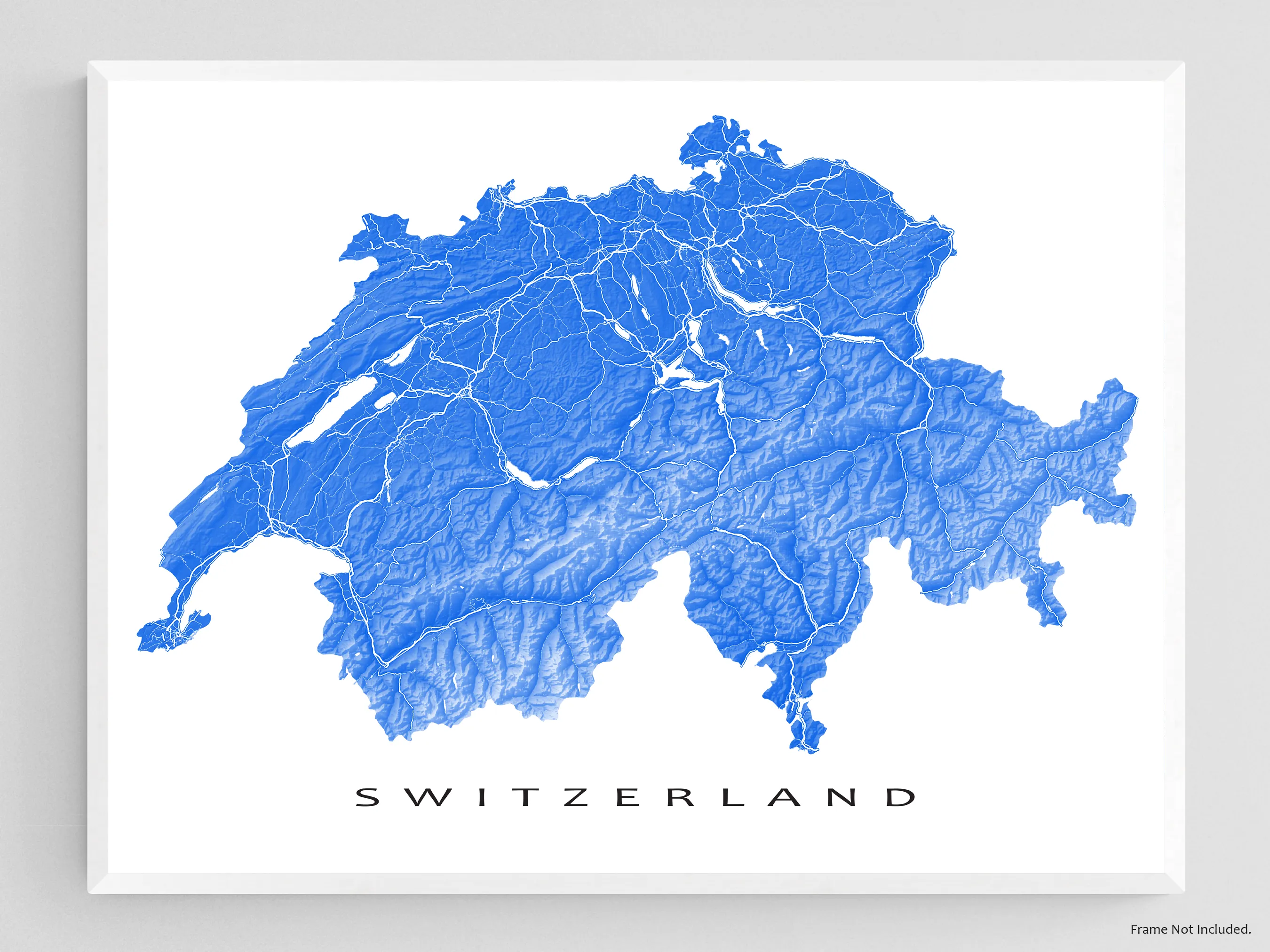 Switzerland Map Wall Art Print Poster, Topographic Swiss Country Road Maps, Zurich Geneva