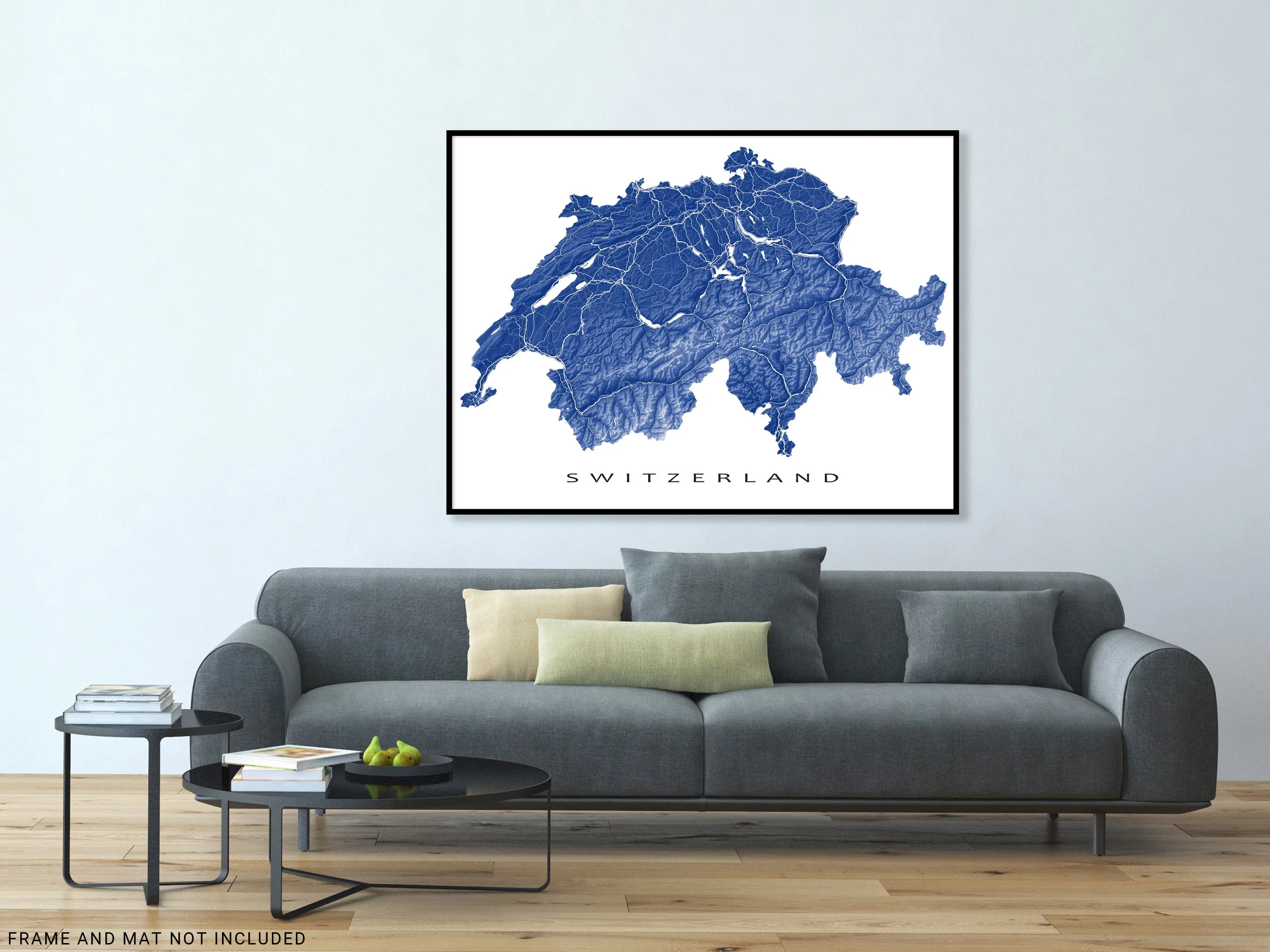 Switzerland Map Wall Art Print Poster, Topographic Swiss Country Road Maps, Zurich Geneva