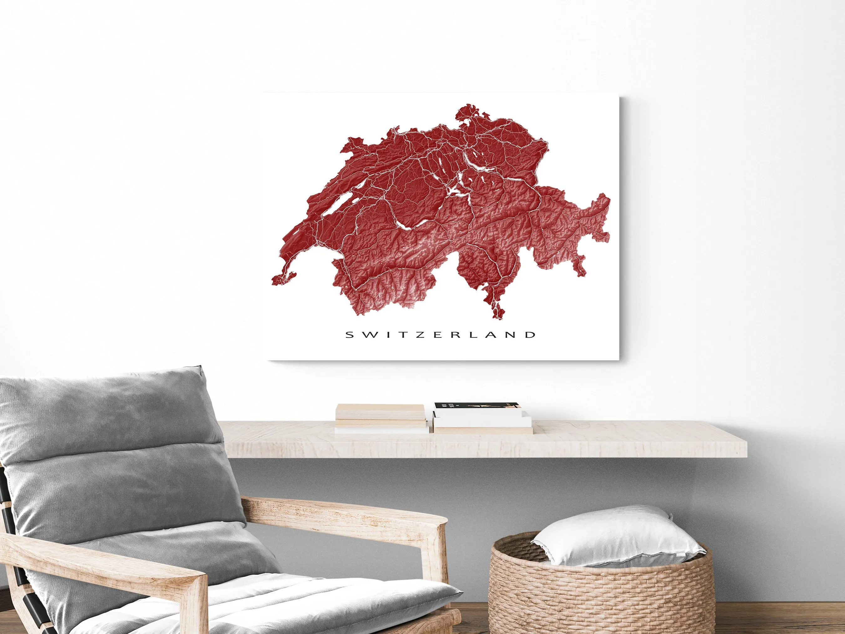 Switzerland Map Wall Art Print Poster, Topographic Swiss Country Road Maps, Zurich Geneva