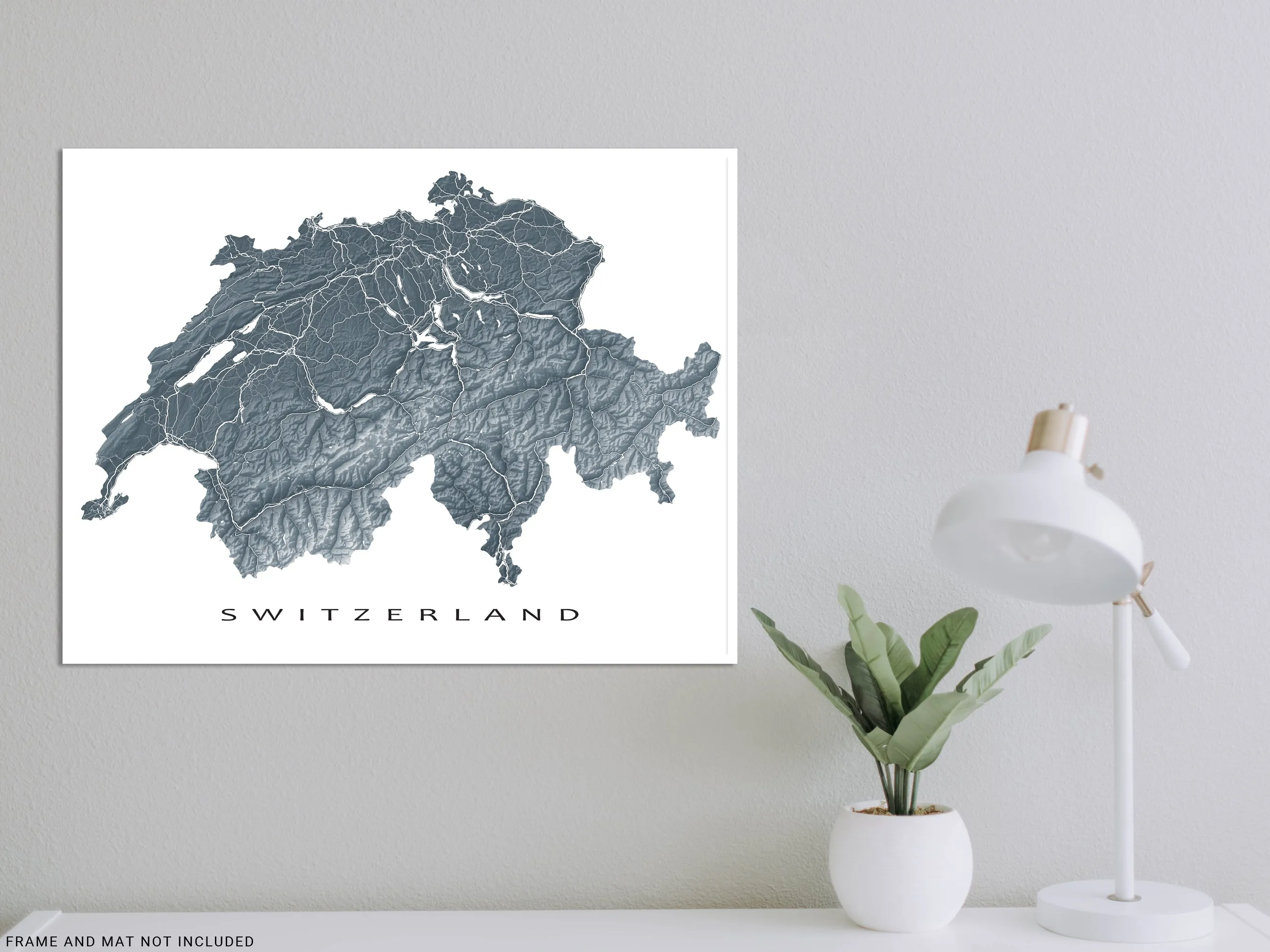 Switzerland Map Wall Art Print Poster, Topographic Swiss Country Road Maps, Zurich Geneva