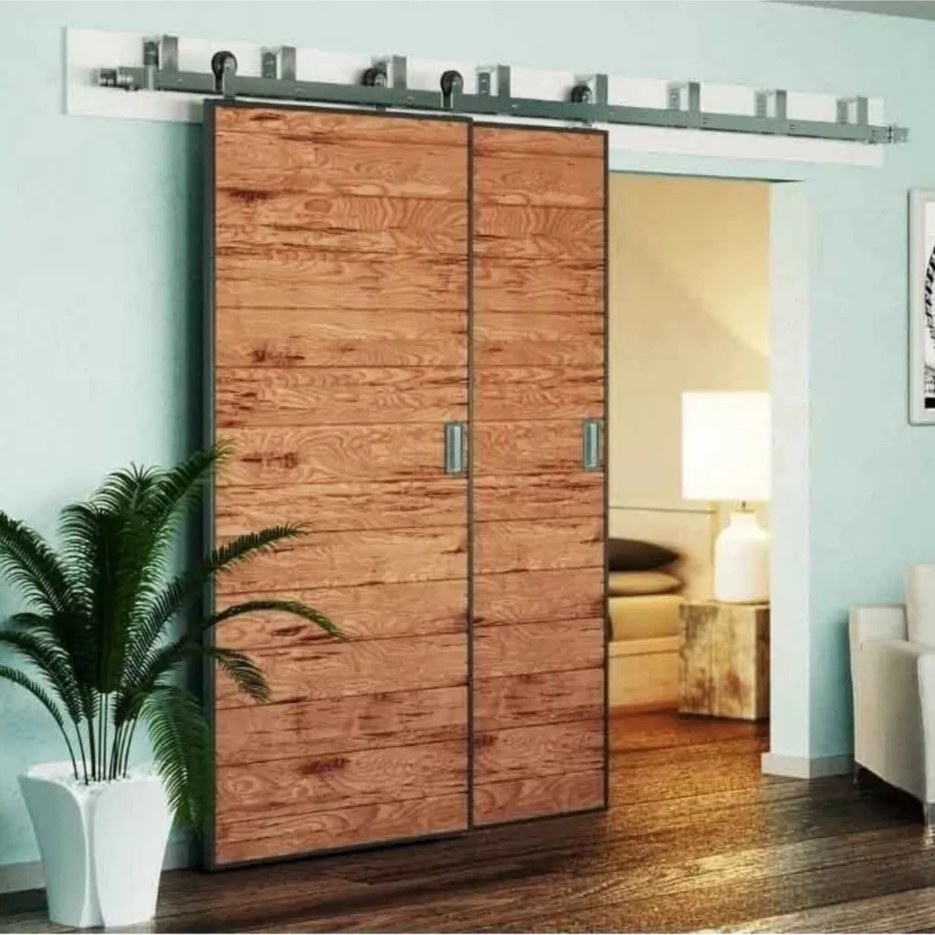 Top Mount Bypass Barn Door Hardware Kit, Brushed Nickel Finish
