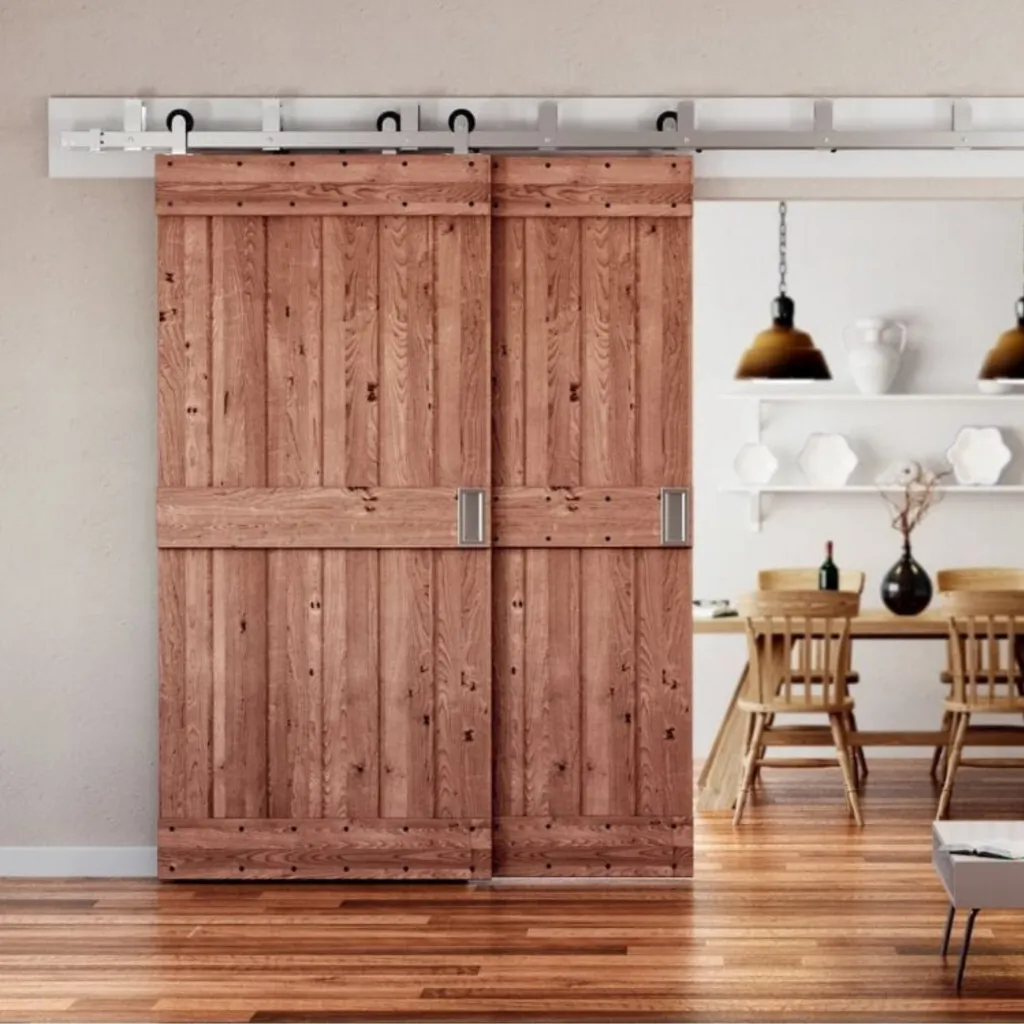 Top Mount Bypass Barn Door Hardware Kit, Brushed Nickel Finish