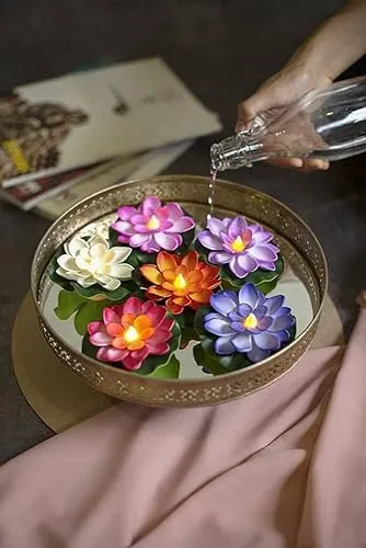 Water Sensor Floating Diyas Smokeless Flameless Candles Lotus Flowers Led Tea Light Candle for Pool, Pond, Water Bowl, Festival, Diwali Ganpati Decoration, Home Decor Items (Pack of 10)