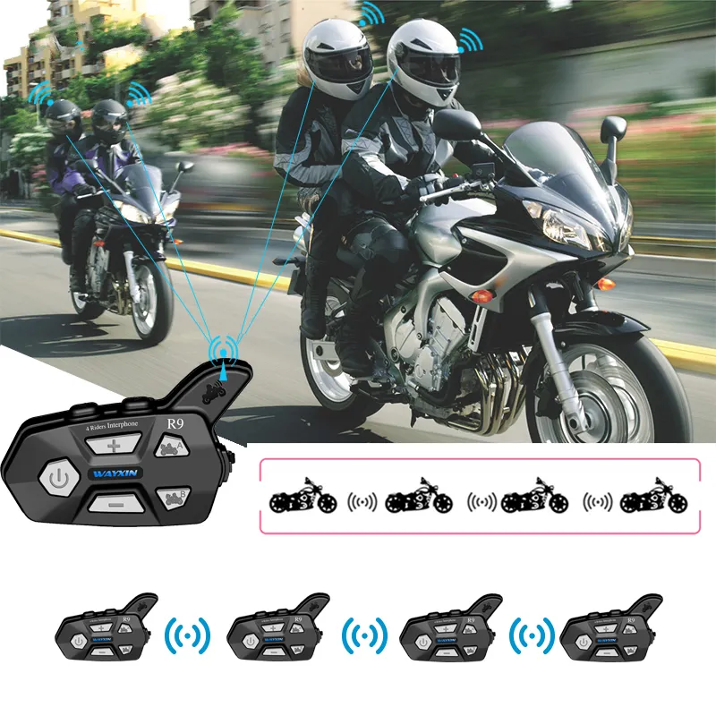 WAYXIN R9 1500M Universal Pairing Bluetooth 4 Riders Helmet Intercom Waterproof Motorcycle Full-Duplex FM Headsets Interphone